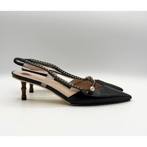 Gucci Black Leather Slingback Pumps w/ Pearl Accents & Bamboo Heel Sz EU 37.5